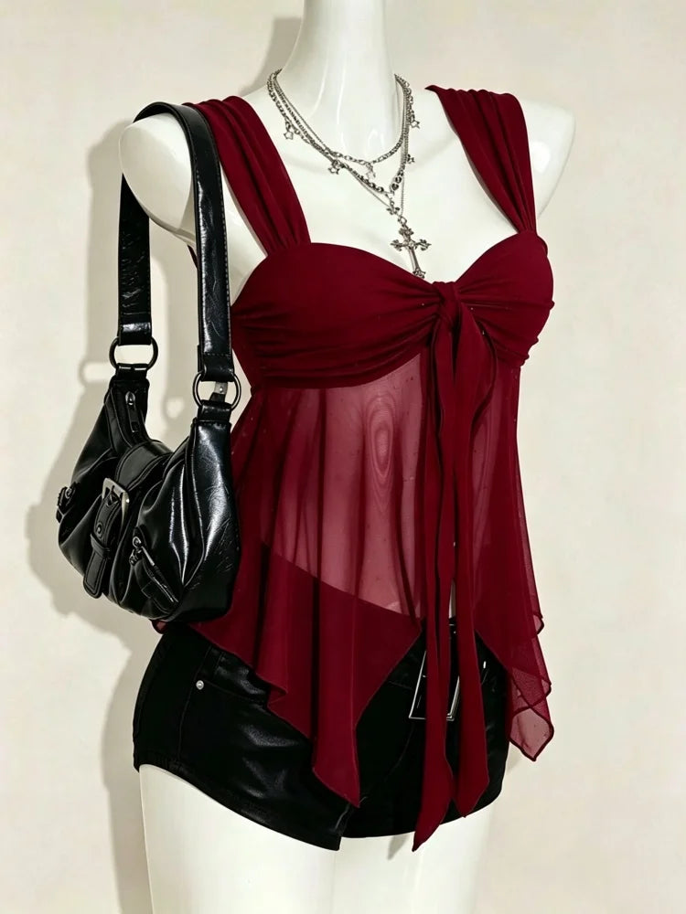 Mesh Knot Front Pleating Strap A-line Crop Top
