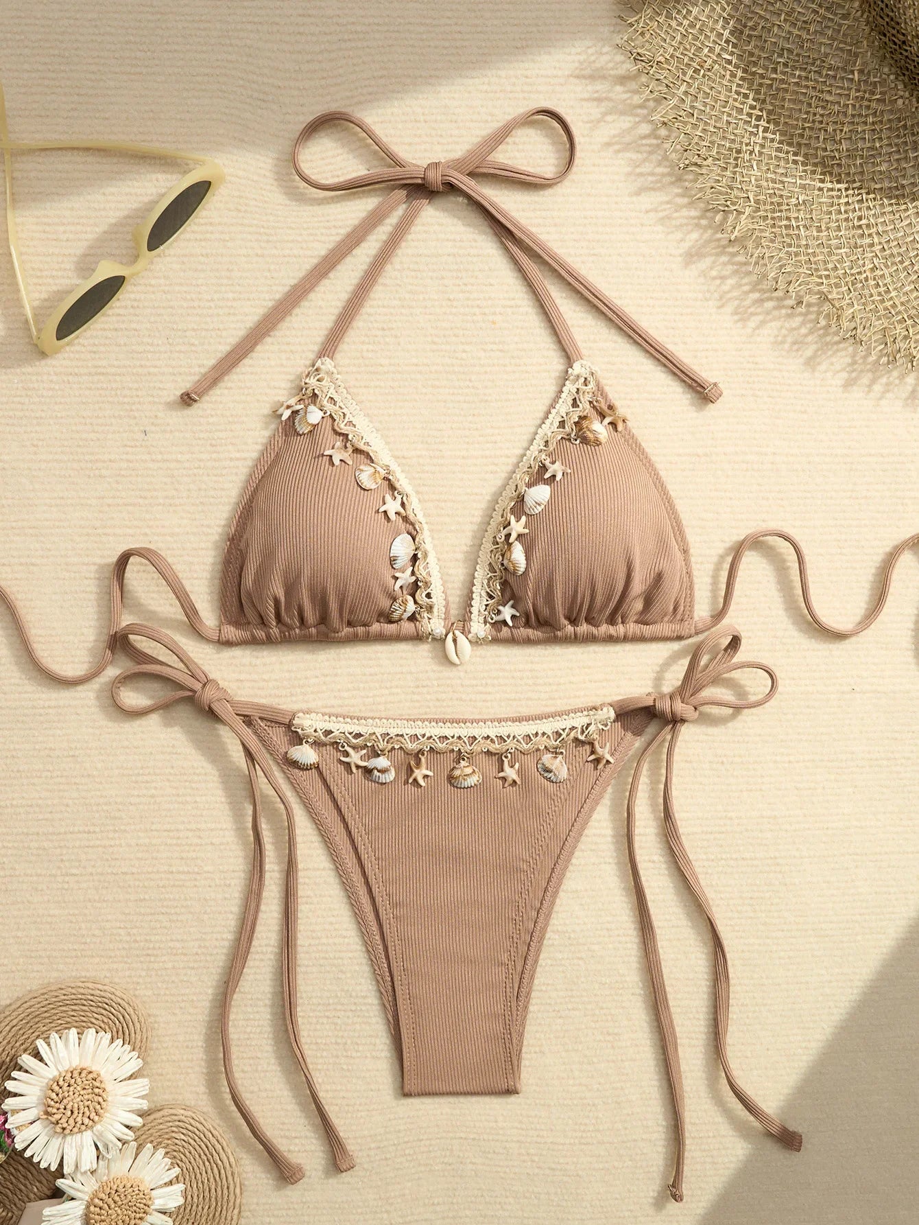 Shell Decoration Ribbed Halter Strappy Bikini