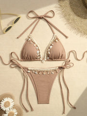 Shell Decoration Ribbed Halter Strappy Bikini
