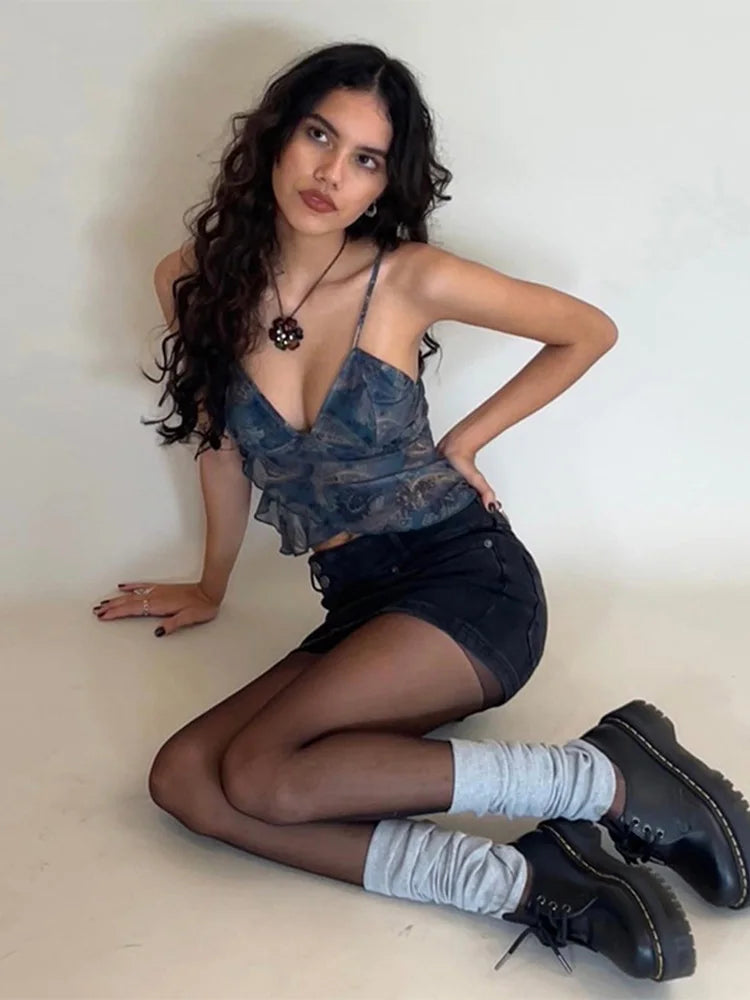 Mesh See Through Printed Vest Sexy Casual V-neck Sleeveless Suspender Camisole Patchwork Tank Top