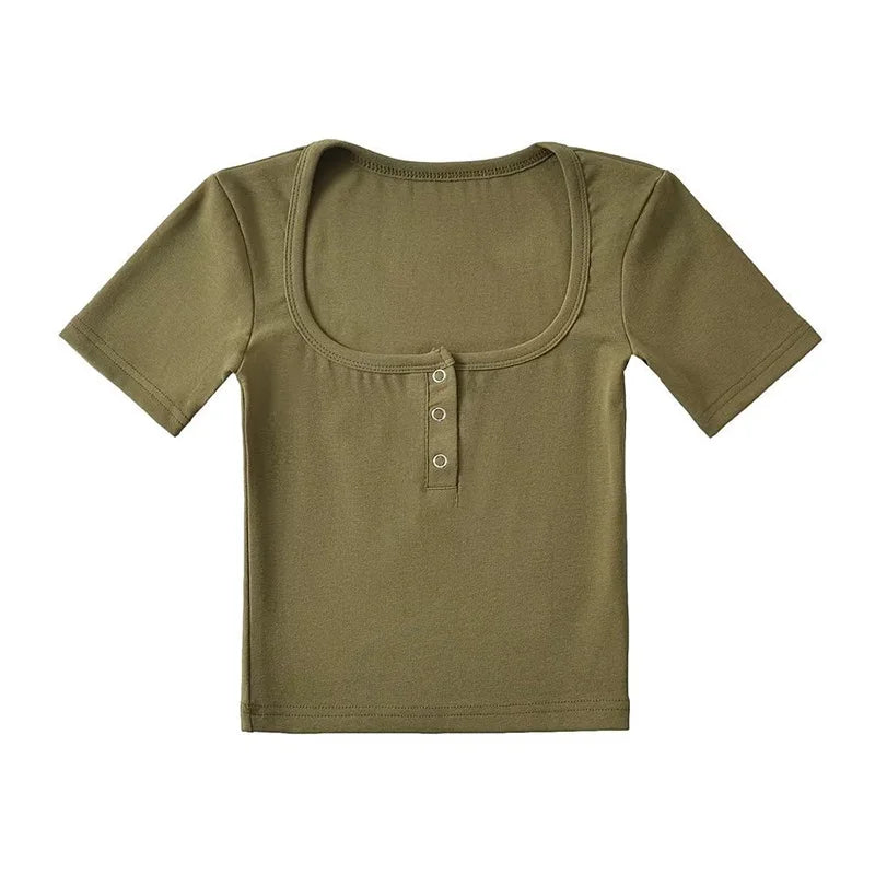 Button Front Short Sleeved Crop T-shirt