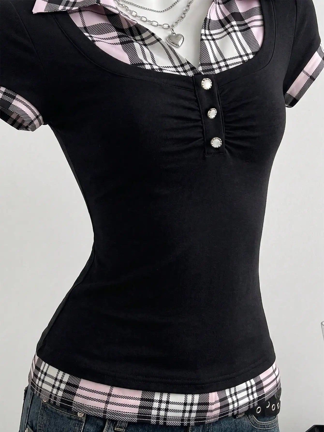 Lapel Fake Two Piece Short Sleeve Tee Slim Cropped Ruched Button Top