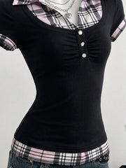 Lapel Fake Two Piece Short Sleeve Tee Slim Cropped Ruched Button Top