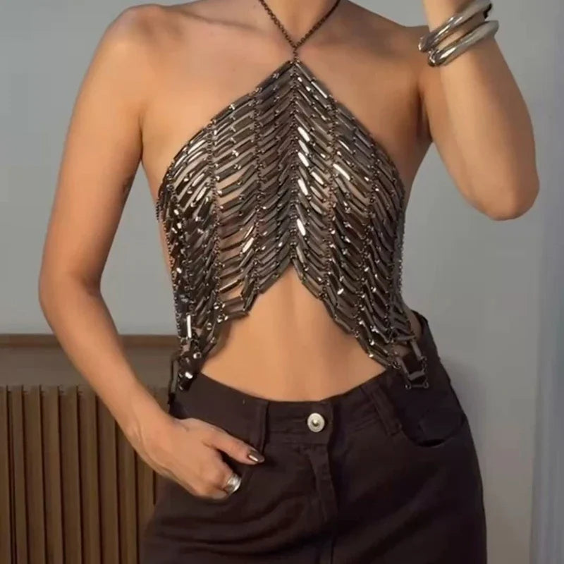 Crystal Beading Halterneck Vest Chain Tie Up Backless Crop Tops