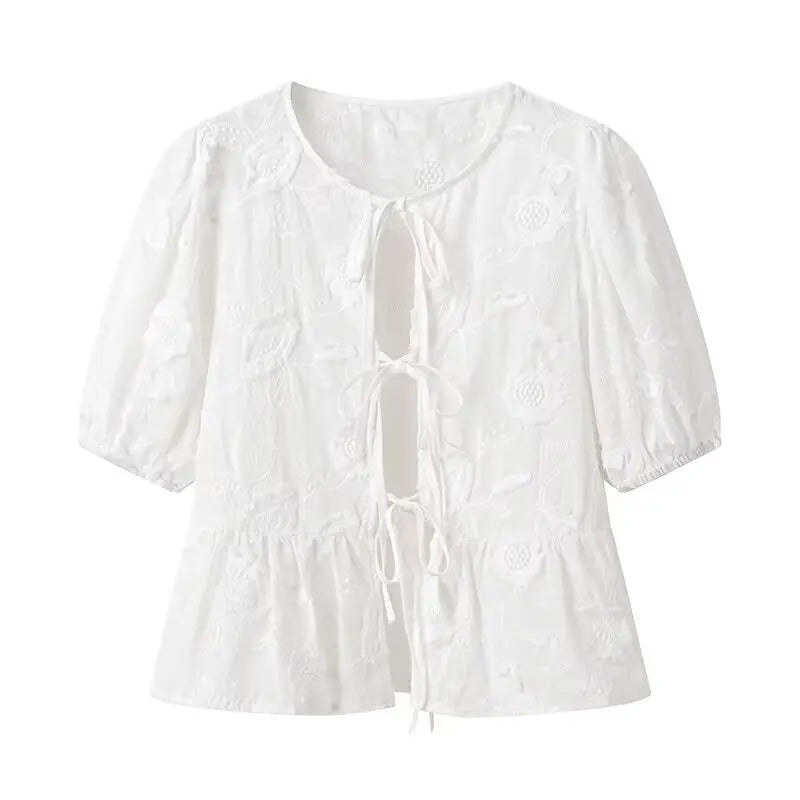 Floral Embroidery Bow Tie Front Babydoll Crop Tops