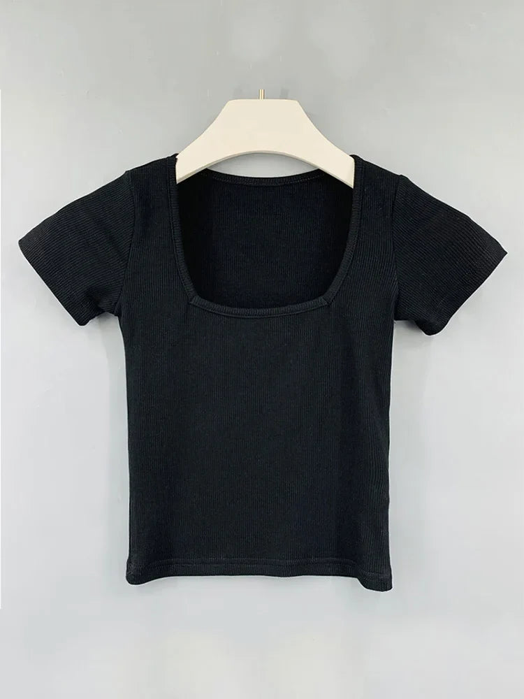 Square Collar Slim Crop Tops