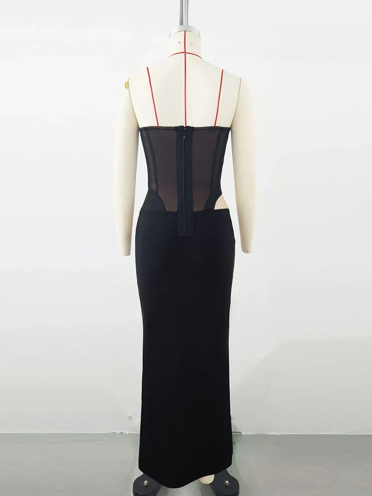 Black Mesh Patwork Bandage Evening Dress