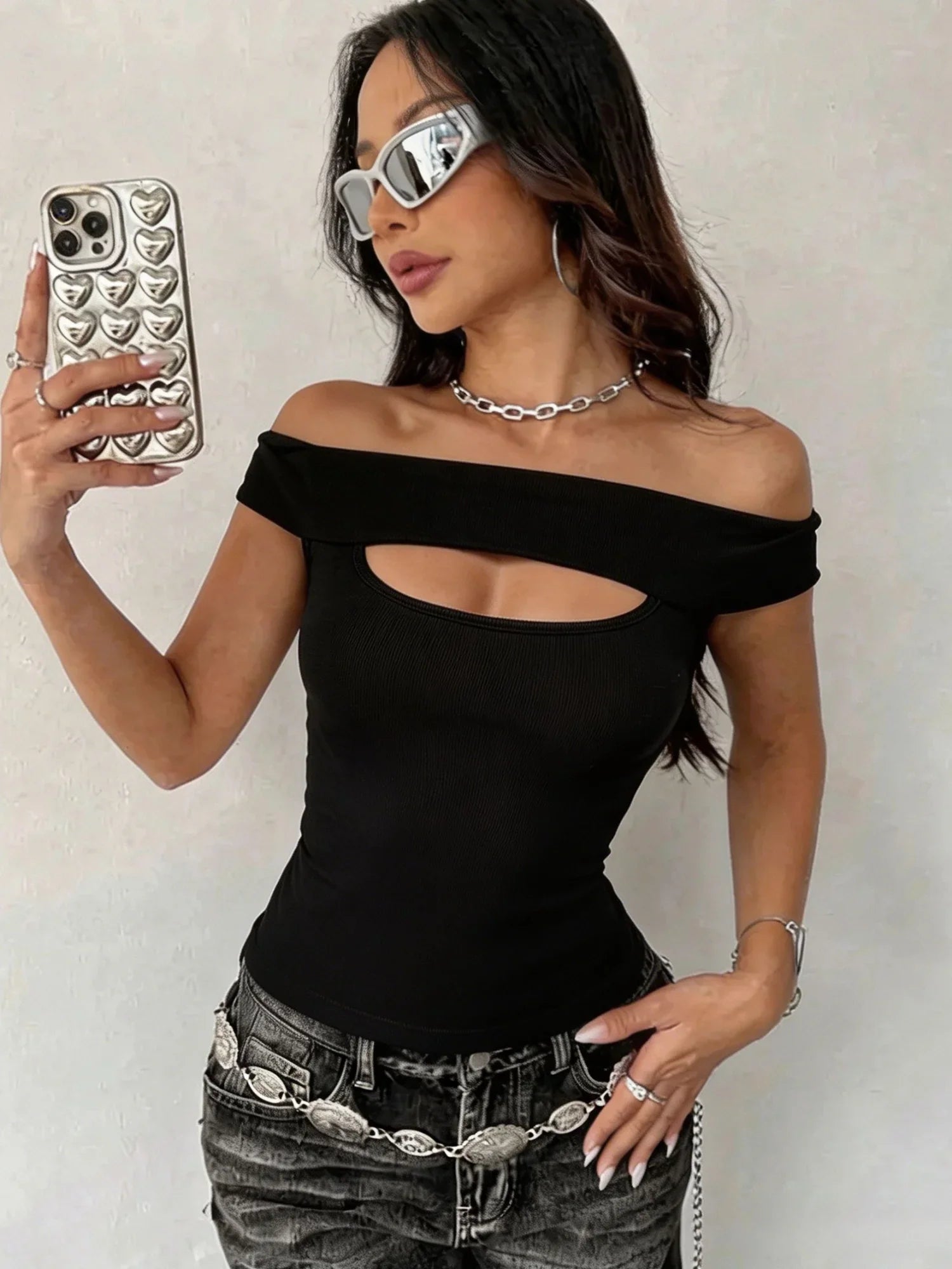 Sexy Black Off Shoulder Cut Out Crop Top