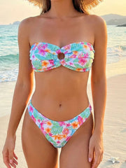 Ribbed Floral Printed Bandeau Bikini