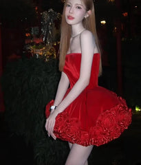 Red Color Sexy Strapless Ball Gown Mini Celebrity Nightclub Party Dress