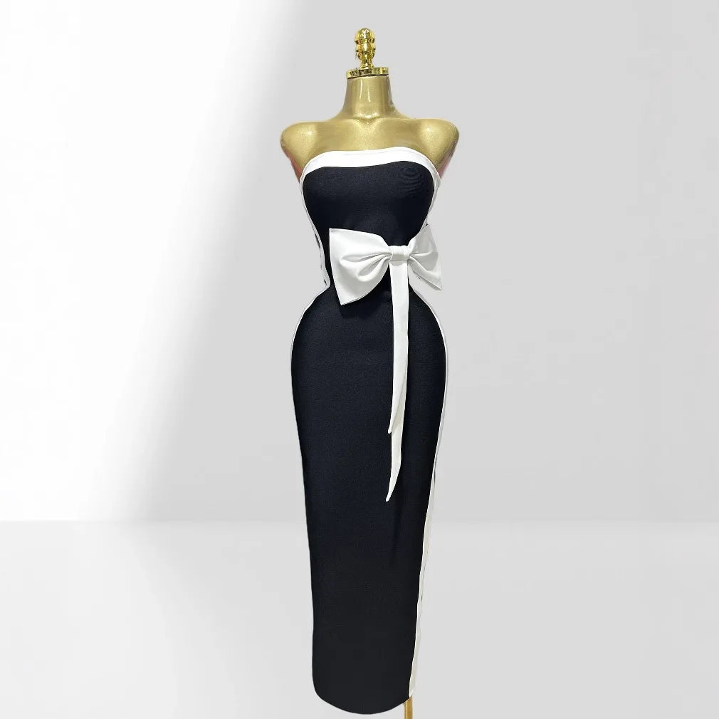 Black and White Strapless High Waist Bow Bodycon Bandage Dress