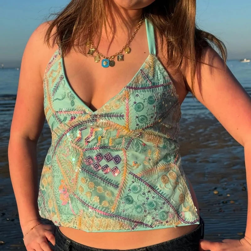 Y2k Colorful Sequin Halter Tank Tops