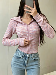 Women's Zip Up Hooded Jacket Long Sleeve Cropped Slim Fit Knit Casual Hoodie Top