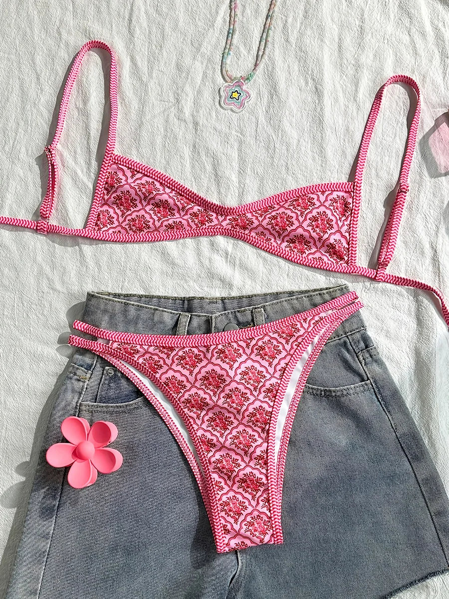 XS - XL Flowers Printed High Leg Cut Bikini