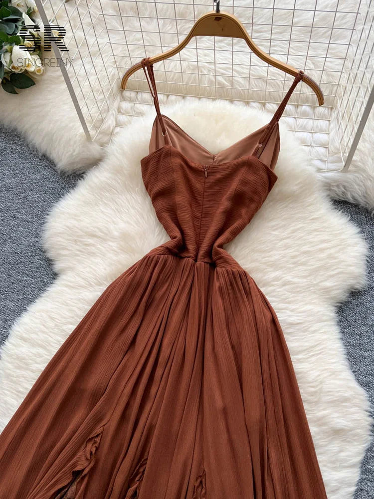 Retro Spaghetti Straps Long Dress