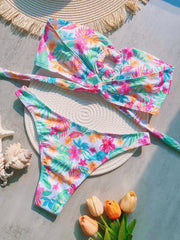 Ribbed Floral Printed Bandeau Bikini