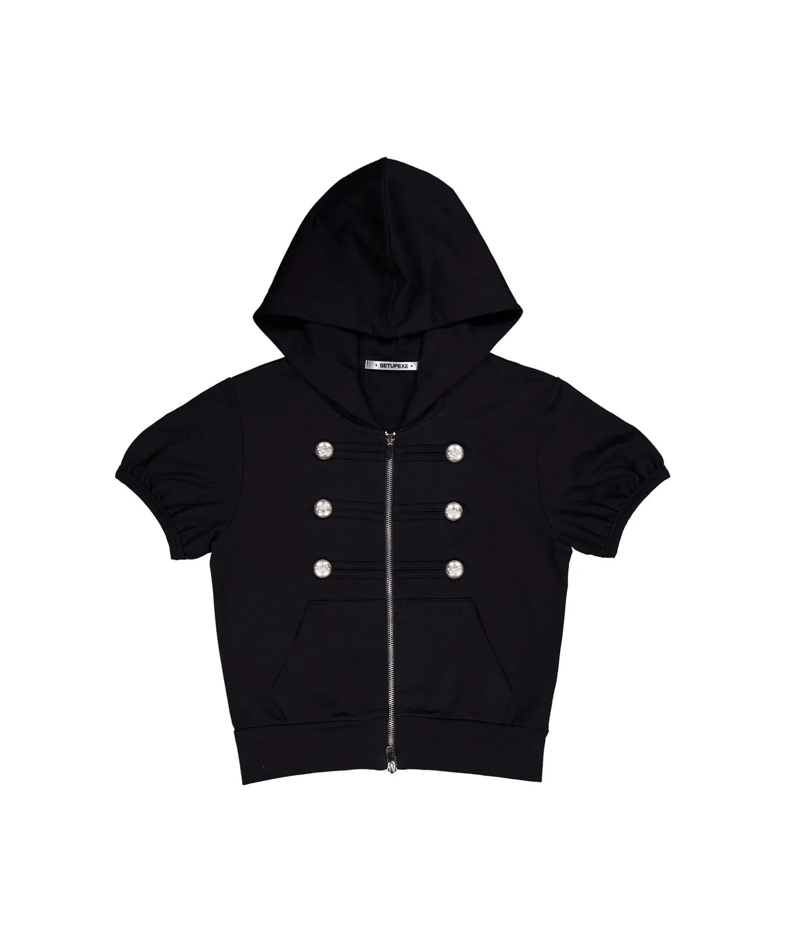 Cropped Hooded Short Sleeve Zip Up Top