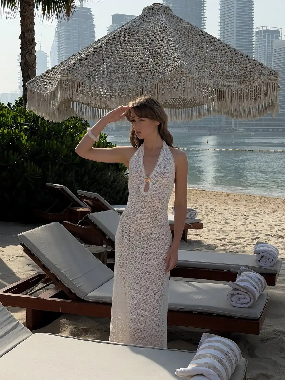 Bohemian Style White Hollow Out Breathable Fabric Long Skirt Sleeveless Slim Fit Beach Travel Vacation Long Clothing