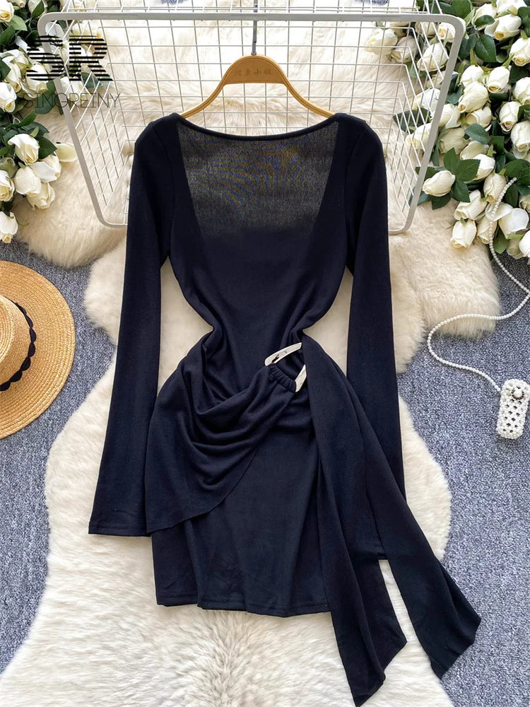 Sexy Backless Bodycon Dresss Autumn Long Sleeve V Neck Metal Button Sashes American Spicy Short Dresses