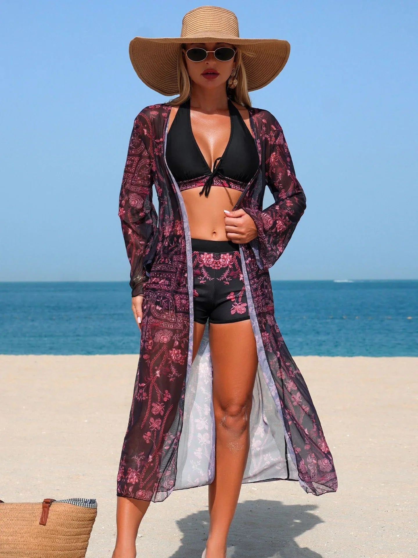 Vintage Floral Print Long Sleeve Cover Up 3 Piece Bikini Set