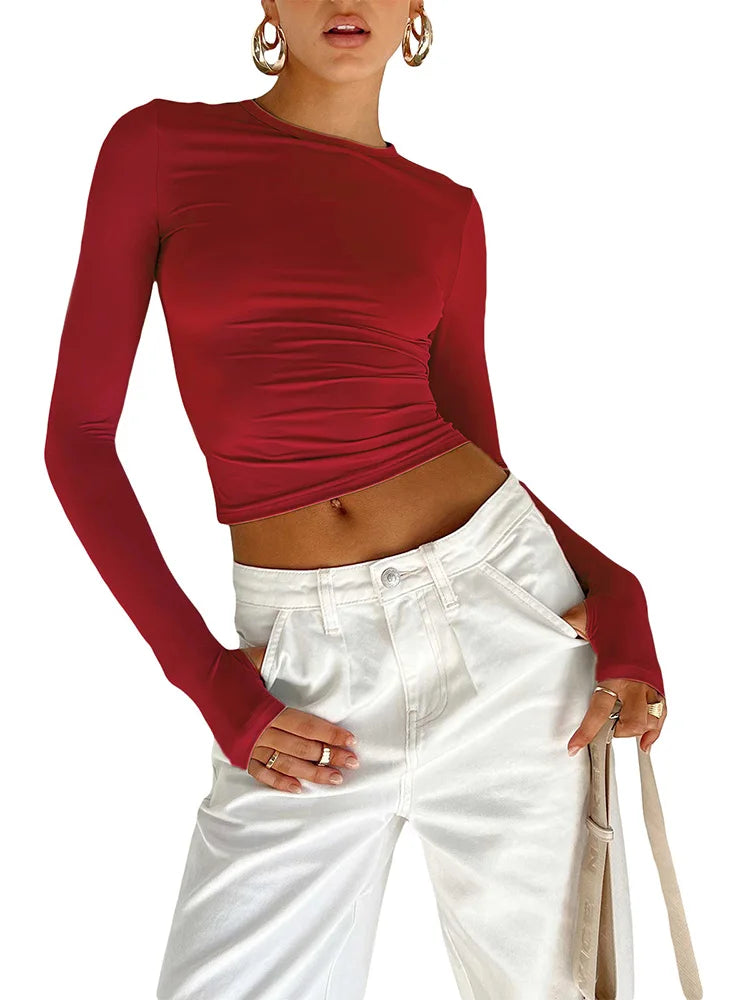 T-shirt Long Sleeve Crew Neck Solid Slim Fit Ladies Crop Top