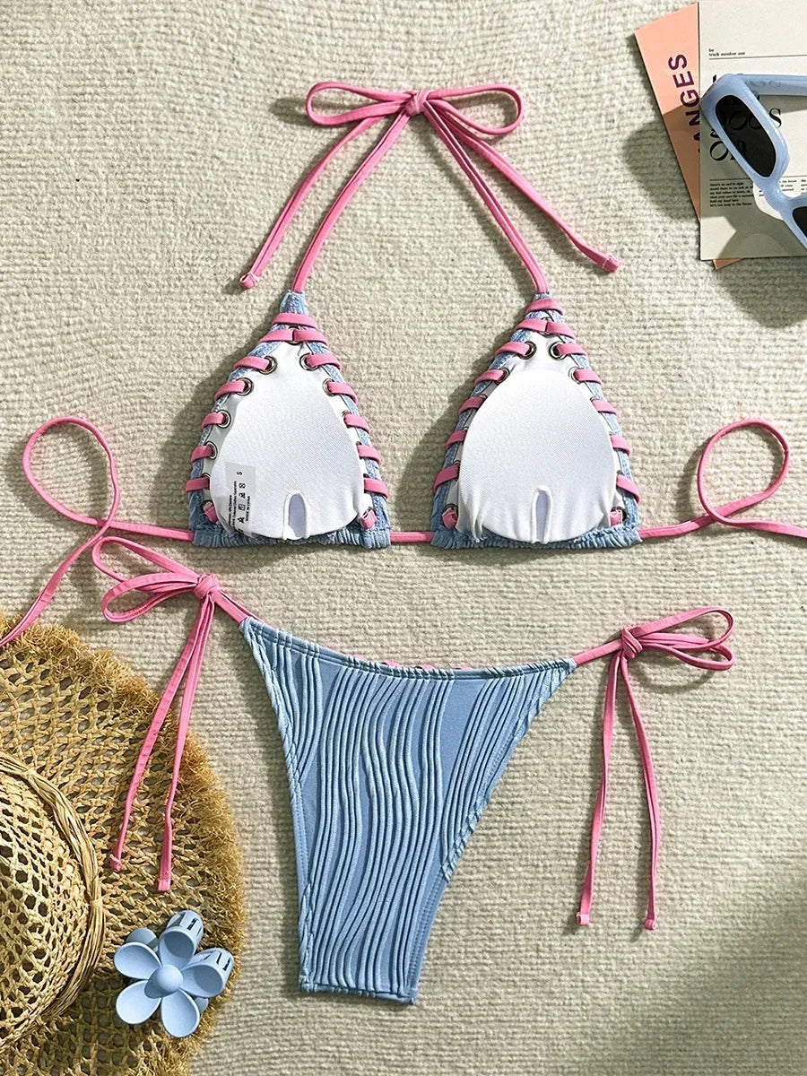 Halter Wrinkled Weaved Bikini