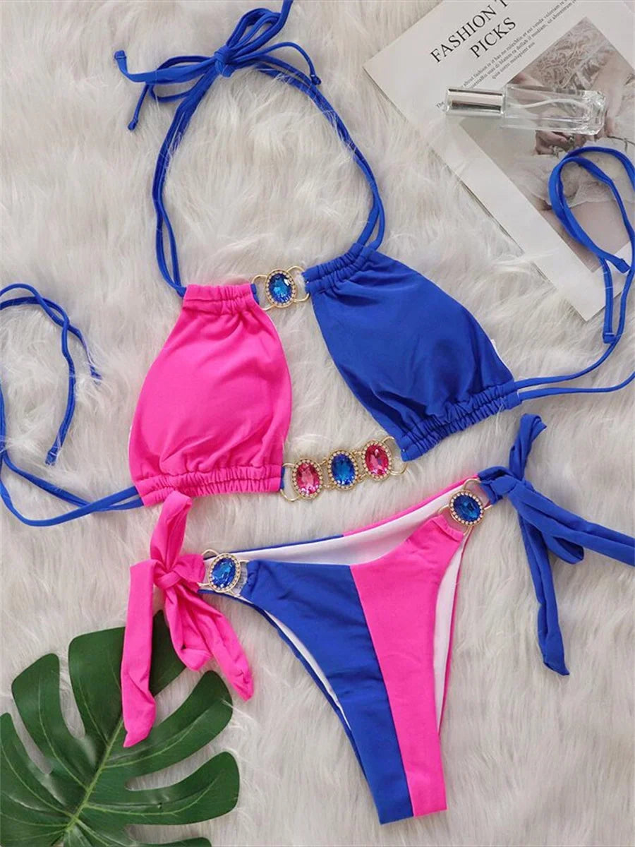 Luxury Rhinestones Splicing Bikini Set
