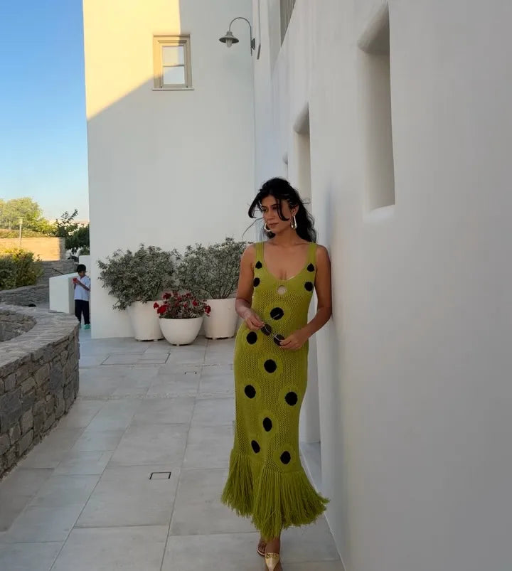 Green Hollow Knitted Tassel Dress