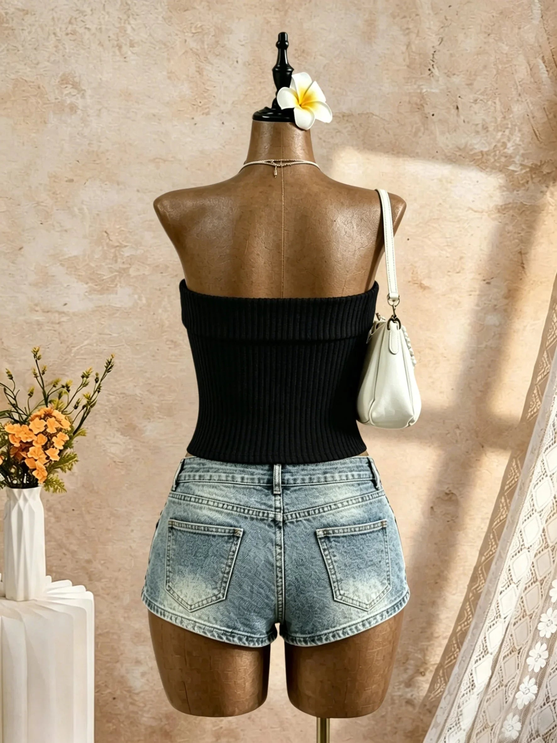 Black Ribbed Knit Strapless Bandeau Top