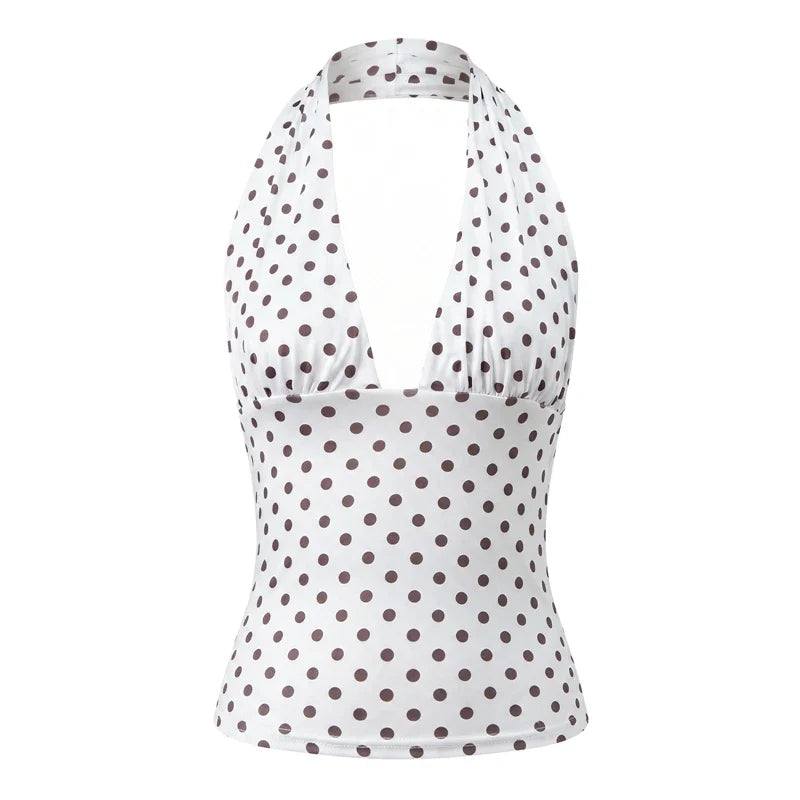 Y2K Vintage Polka Dot Halter Cami Coquette Deep V Backless Slim Cropped Top