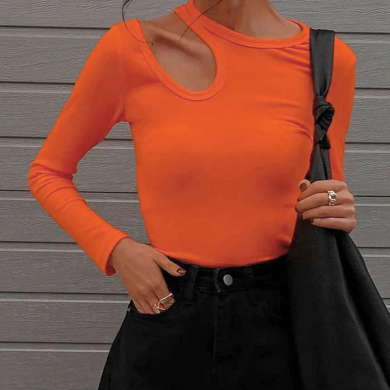 Sexy Hollow Out T Shirt Casual Round Neck Long Sleeve Skinny Cropped Tops