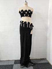 Strapless Florals 2 Piece Skirt Set Strapless Crop Top With High Waist Irregularity Skirts Sets Suits
