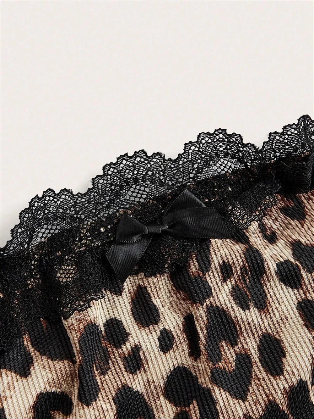 Lace Trim Leopard Printing Rib-Knit Strapless Bandeau Top