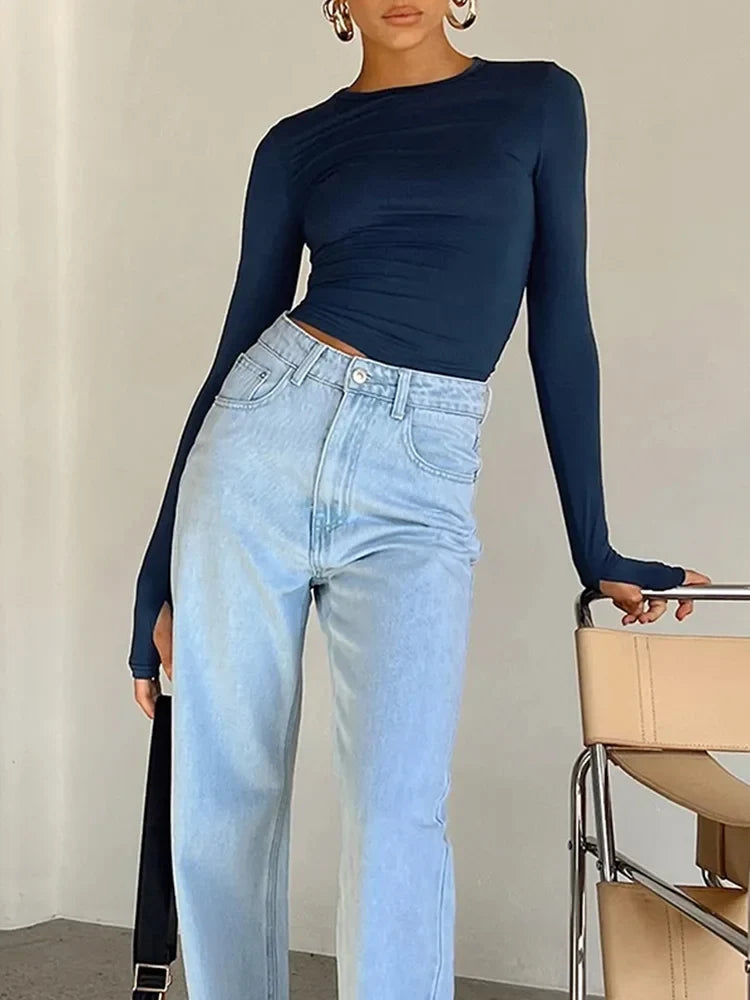 T-shirt Long Sleeve Crew Neck Solid Slim Fit Ladies Crop Top