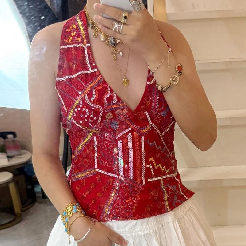 Y2k Colorful Sequin Halter Tank Tops