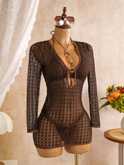 Sexy Coffee Mesh Long Sleeve Cover Up 3 Piece Swimsuit