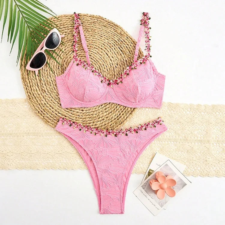 Sexy Pink 3D Flower Bikini Set