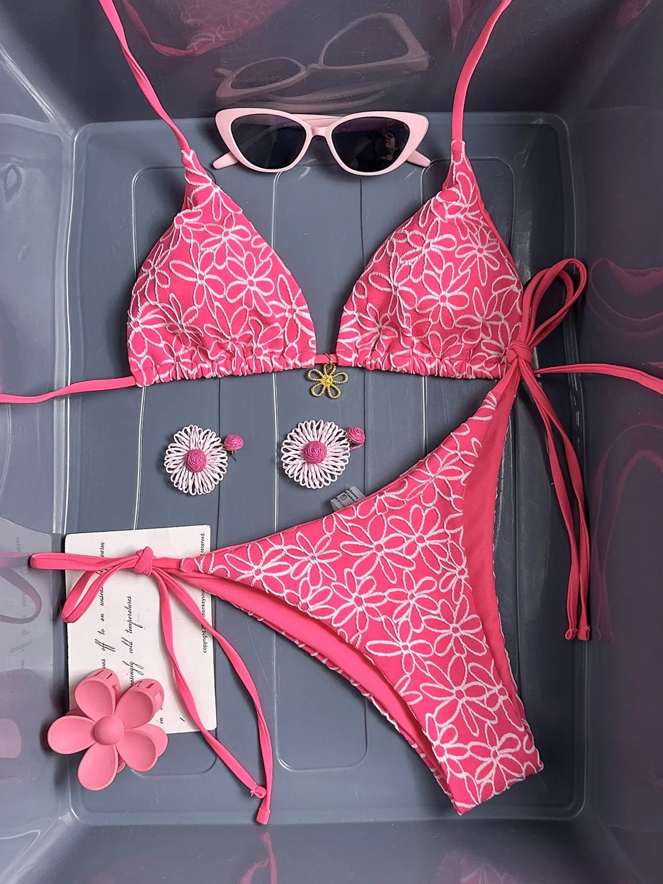 Sexy Pink Mesh Flower Bikini Set