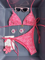 Sexy Pink Mesh Flower Bikini Set