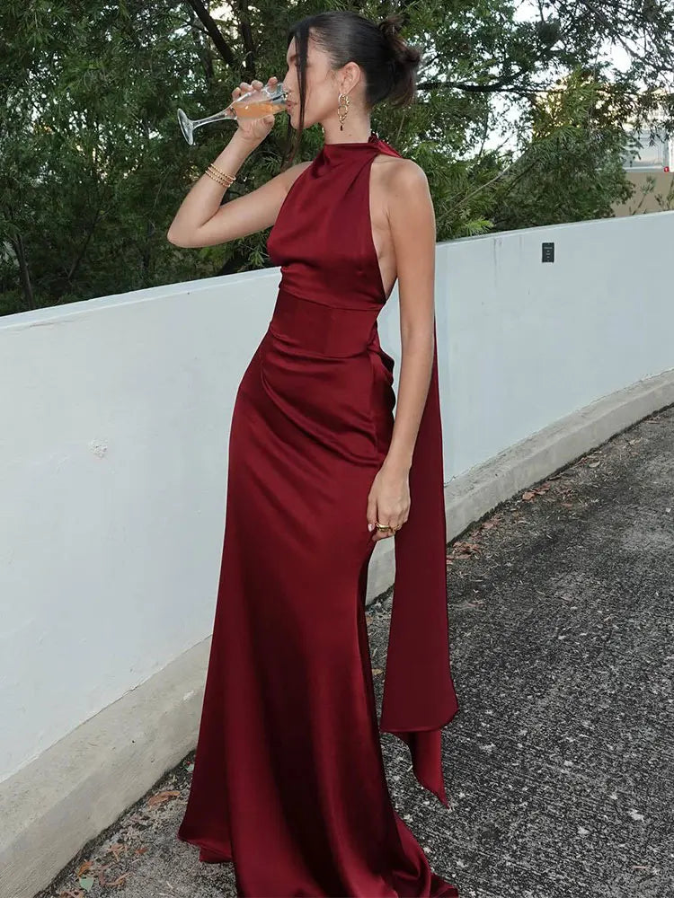 Elegant Satin Halter Maxi Dress