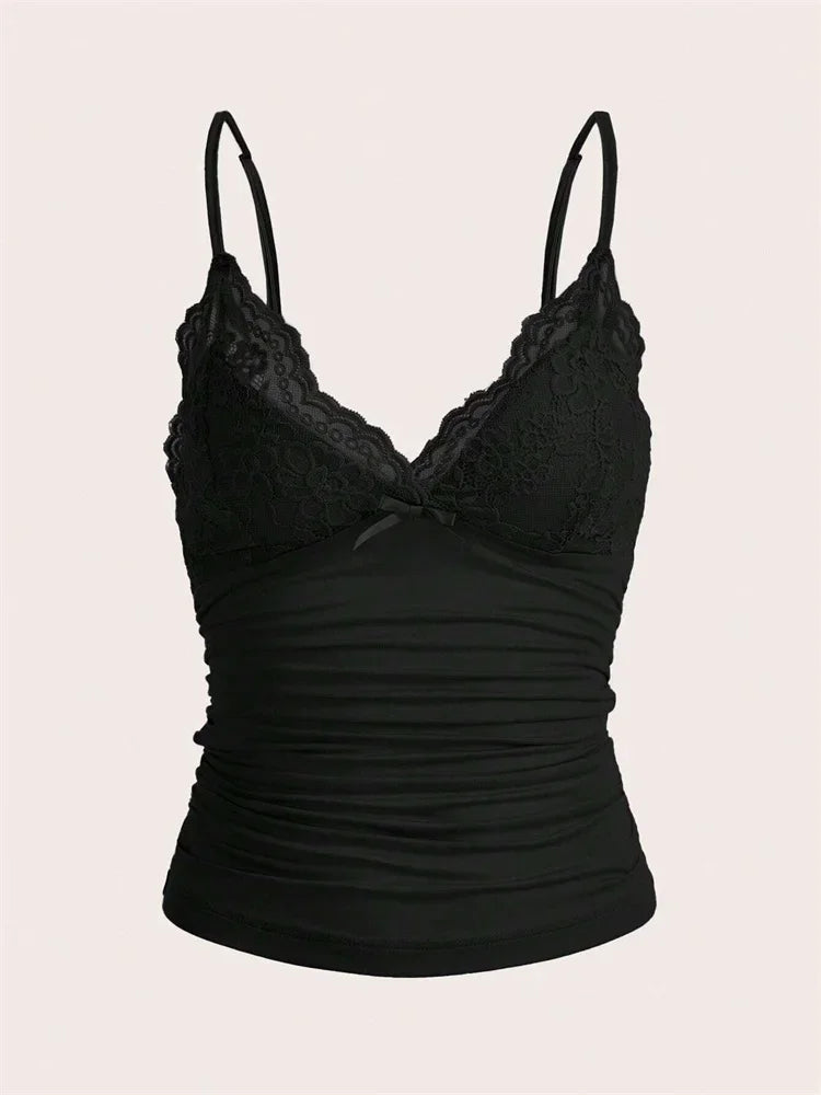 Sexy Contrast Lace Bow Front Crop Cami Top