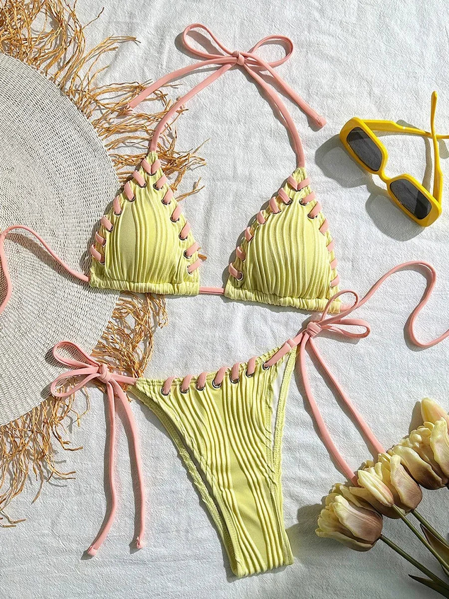 Halter Wrinkled Weaved Bikini