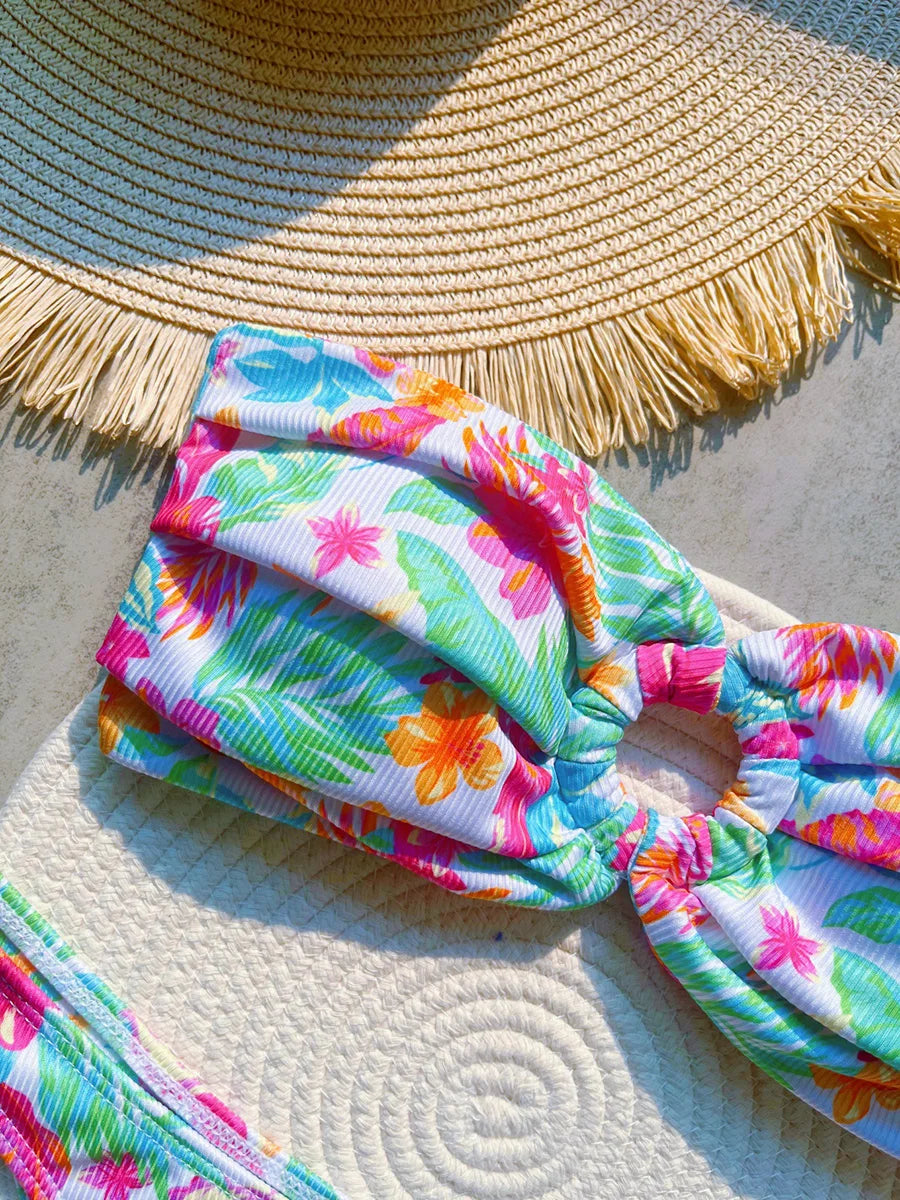 Ribbed Floral Printed Bandeau Bikini