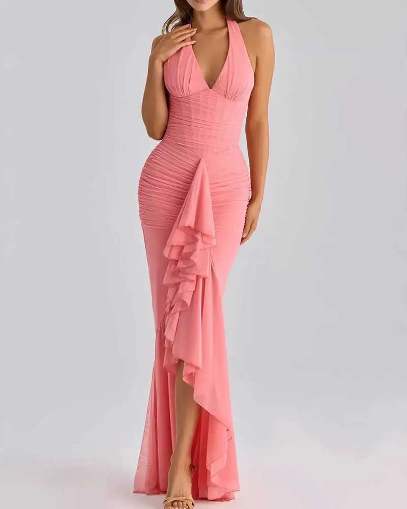 Mesh Deep V Neck Backless Sexy Maxi Dress