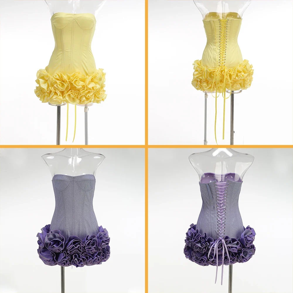 Sexy Sleeveless Off Shoulder Self Tie Knot 3D Floral Embroidery Mini Dress