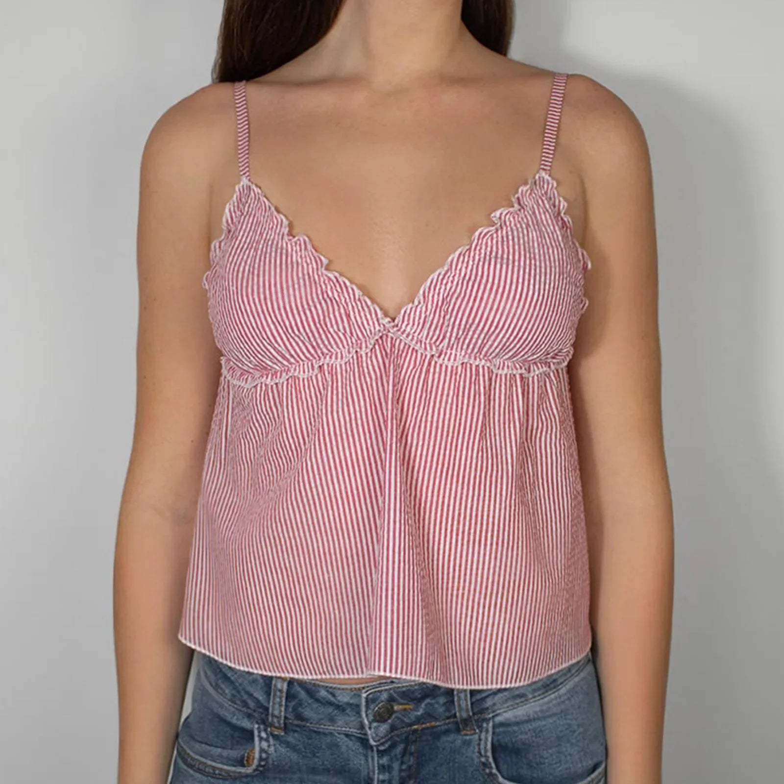 Boho Striped Ruffles V Neck Camis Beach Holiday Sleeveless Crop Tops