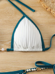 Contrast Pearl Tie Side Thong Swimsuit