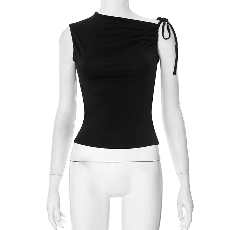 Sleeveless Skew Collar Ruched Lace Up Bodycon Crop Top