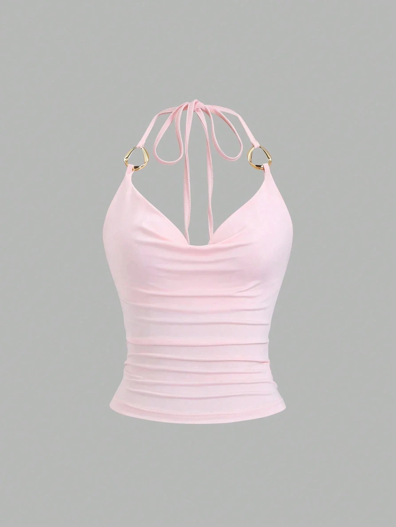 Drape V-Neck Metal Decor Slim Fit Backless Halter Neck Cami Top