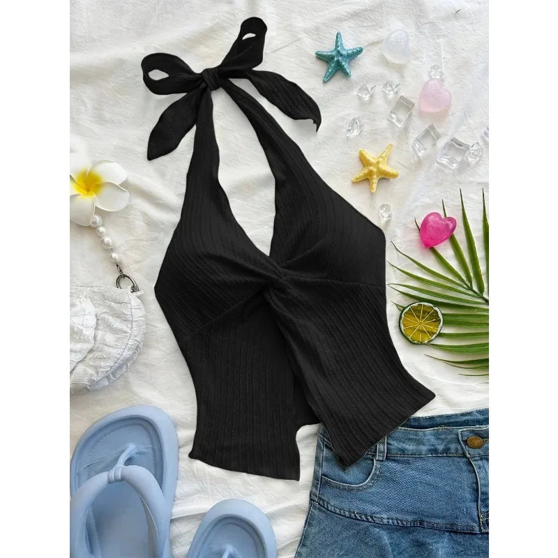 Y2K Sexy V-neck Halter Neck Crop Top